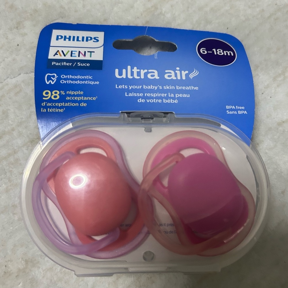 Philips Pink and White Pacifier Duo in Clear Sterilizing Case